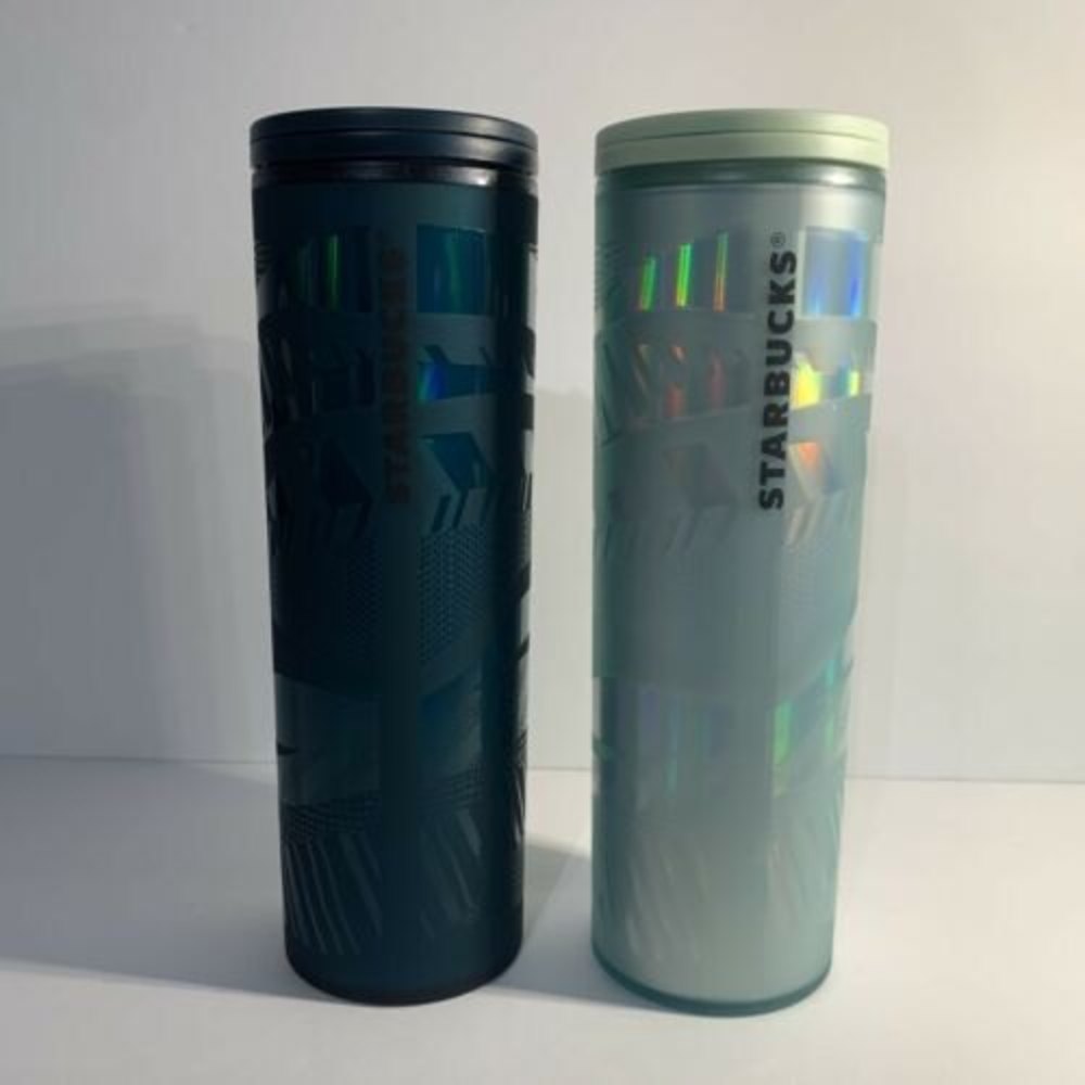 Starbucks 2021 Ribbons Holiday Green 16 Oz Cold/Hot Cup Tumbler W/Lid lot of 2